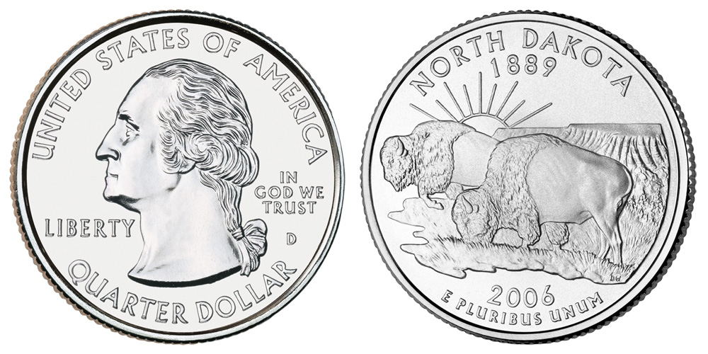 Side-by-side comparison of common 2006-D North Dakota quarter and Five-Legged Buffalo variety showing the extra die chip leg below the bison