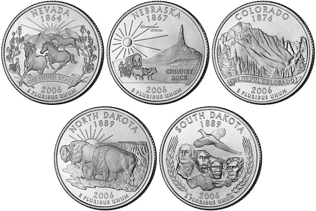 Group photo of all five 2006 State Quarter designs: Nevada, Nebraska, Colorado, North Dakota, and South Dakota