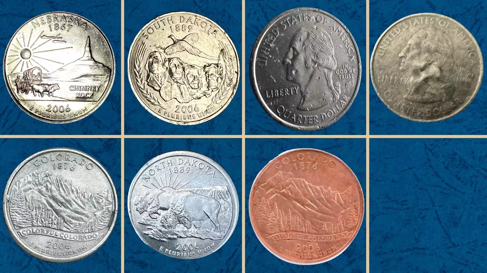 Grading strip showing four 2006 State Quarters in four condition tiers: worn, lightly worn, uncirculated MS-63, and gem MS-67